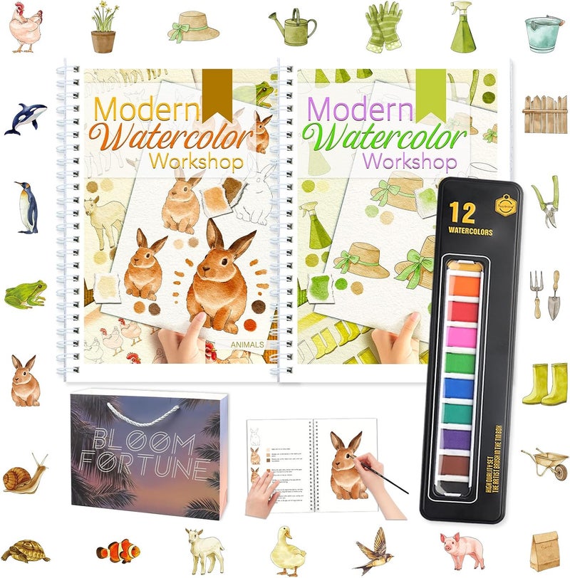 apolyone Watercolor Workbooks- 2 Pack Beginner Workbooks with 24 Coloring Book Pages - 12 Color blocks and a Brush - Watercolor Paper 300gsm/140lb - Gift for Women, Adults, Beginners (Garden & Animals) - Image 1